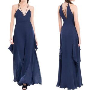Leon Max 100% Silk Strappy Split Skirt Evening Maxi Gown Women's 12 Navy NWT